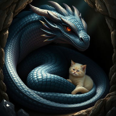 A breathtaking and realistic portrayal of a huge mythical dragon resting peacefully in a dark, shadowy cave