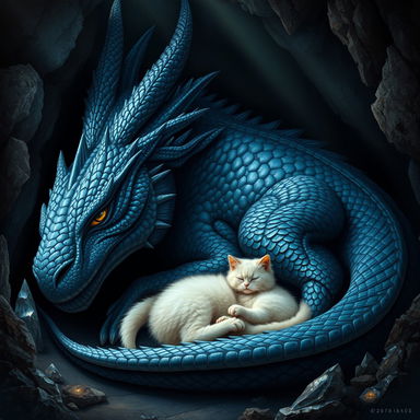 A breathtaking and realistic portrayal of a huge mythical dragon resting peacefully in a dark, shadowy cave