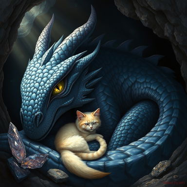 A breathtaking and realistic portrayal of a huge mythical dragon resting peacefully in a dark, shadowy cave