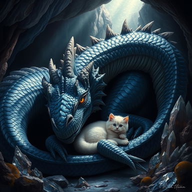 A breathtaking and realistic portrayal of a huge mythical dragon resting peacefully in a dark, shadowy cave