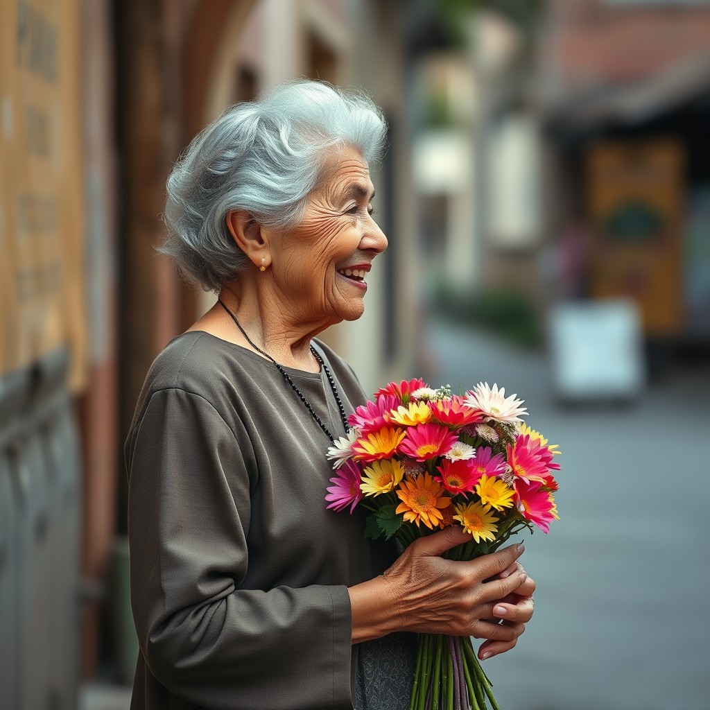 A rural street scene showcasing a humble, elderly woman with an open smile, wearing elegant yet simple clothing, embodying kindness and warmth