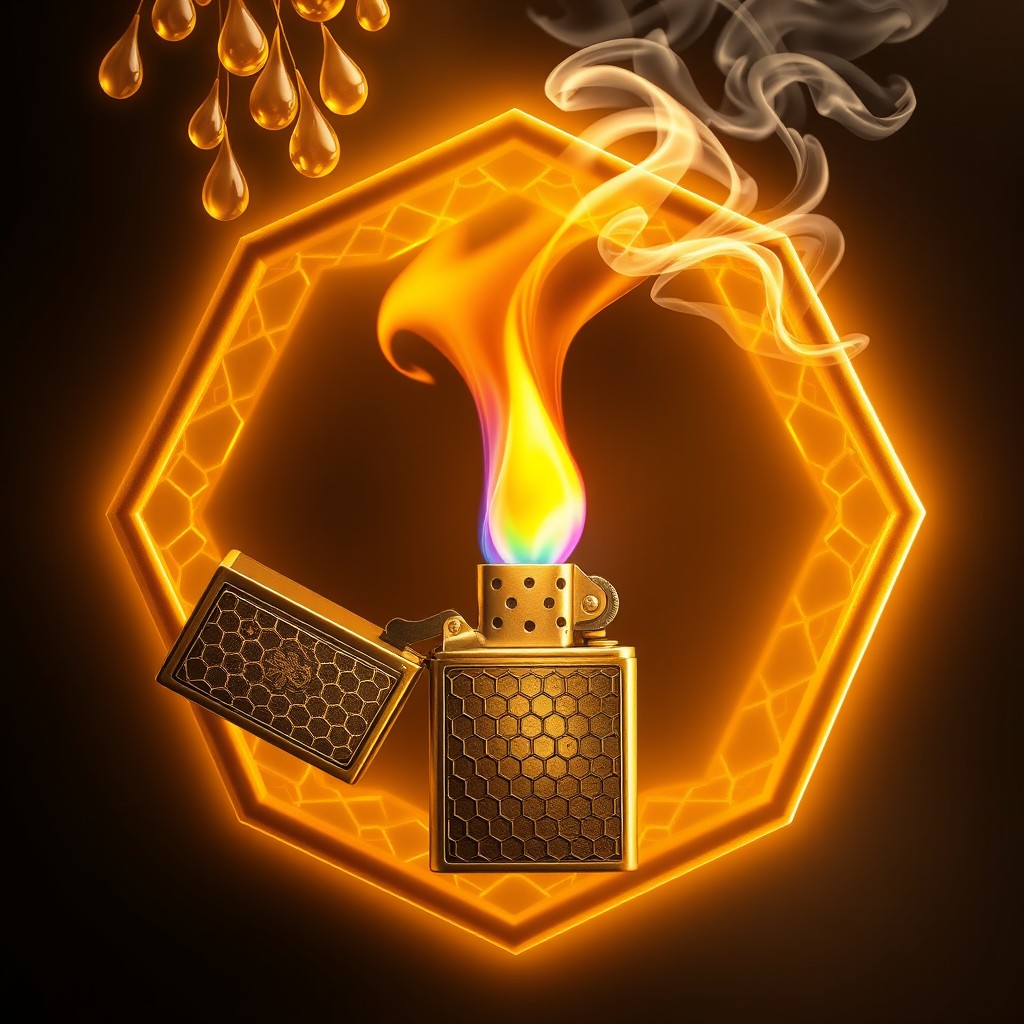 A mystical, luxurious emblem framed by a glowing amber-gold hexagonal honeycomb shield with soft golden threads weaving through each hexagon