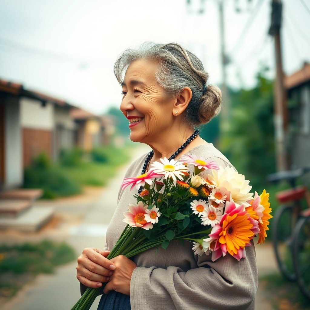 A rural street scene showcasing a humble, elderly woman with an open smile, wearing elegant yet simple clothing, embodying kindness and warmth