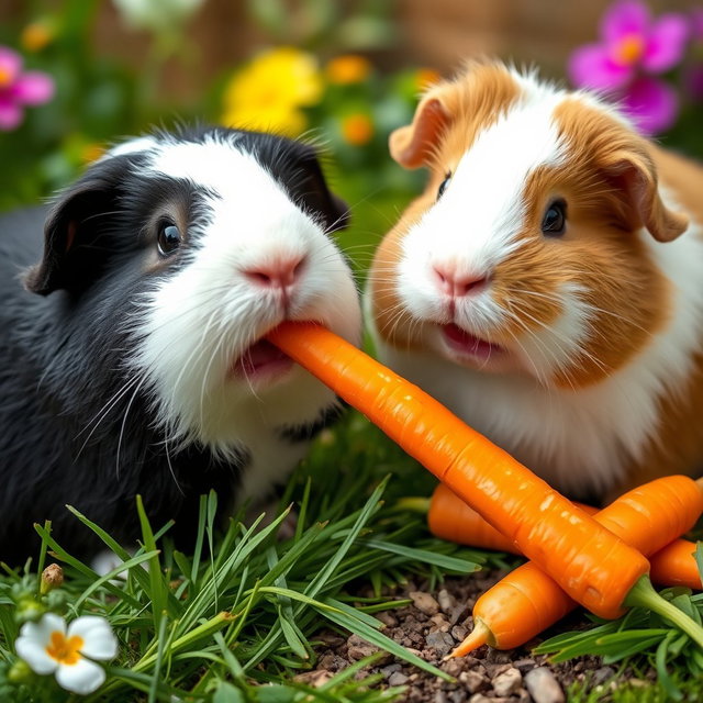 A delightful scene featuring a black and white guinea pig and a light brown and white guinea pig happily eating carrots