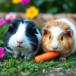 A delightful scene featuring a black and white guinea pig and a light brown and white guinea pig happily eating carrots