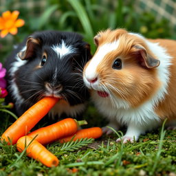 A delightful scene featuring a black and white guinea pig and a light brown and white guinea pig happily eating carrots