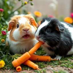 A delightful scene featuring a black and white guinea pig and a light brown and white guinea pig happily eating carrots