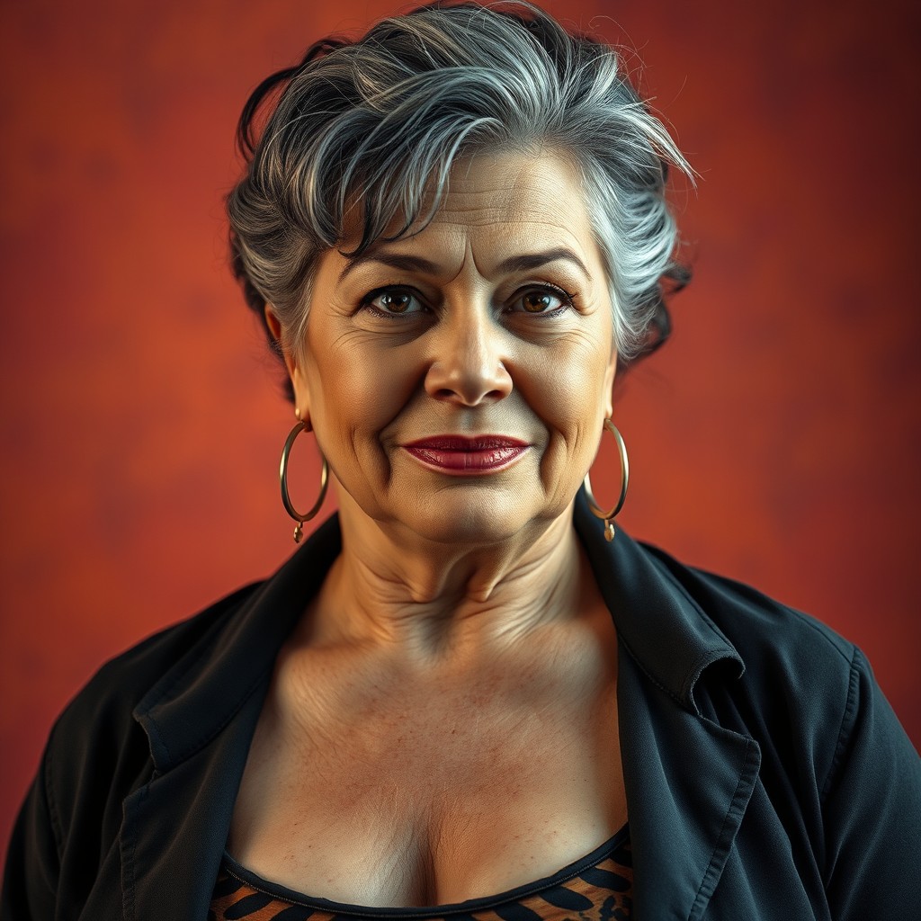 A bold and confident middle-aged woman with an oily face, showcasing her unique beauty