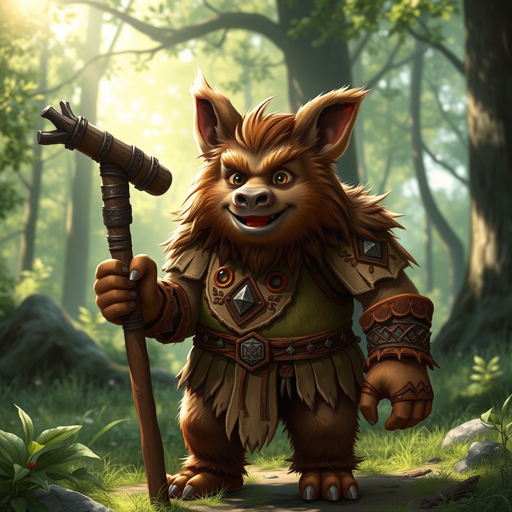 A kind bugbear from D&D standing in a forest glade, holding a flail with a gentle smile on its face
