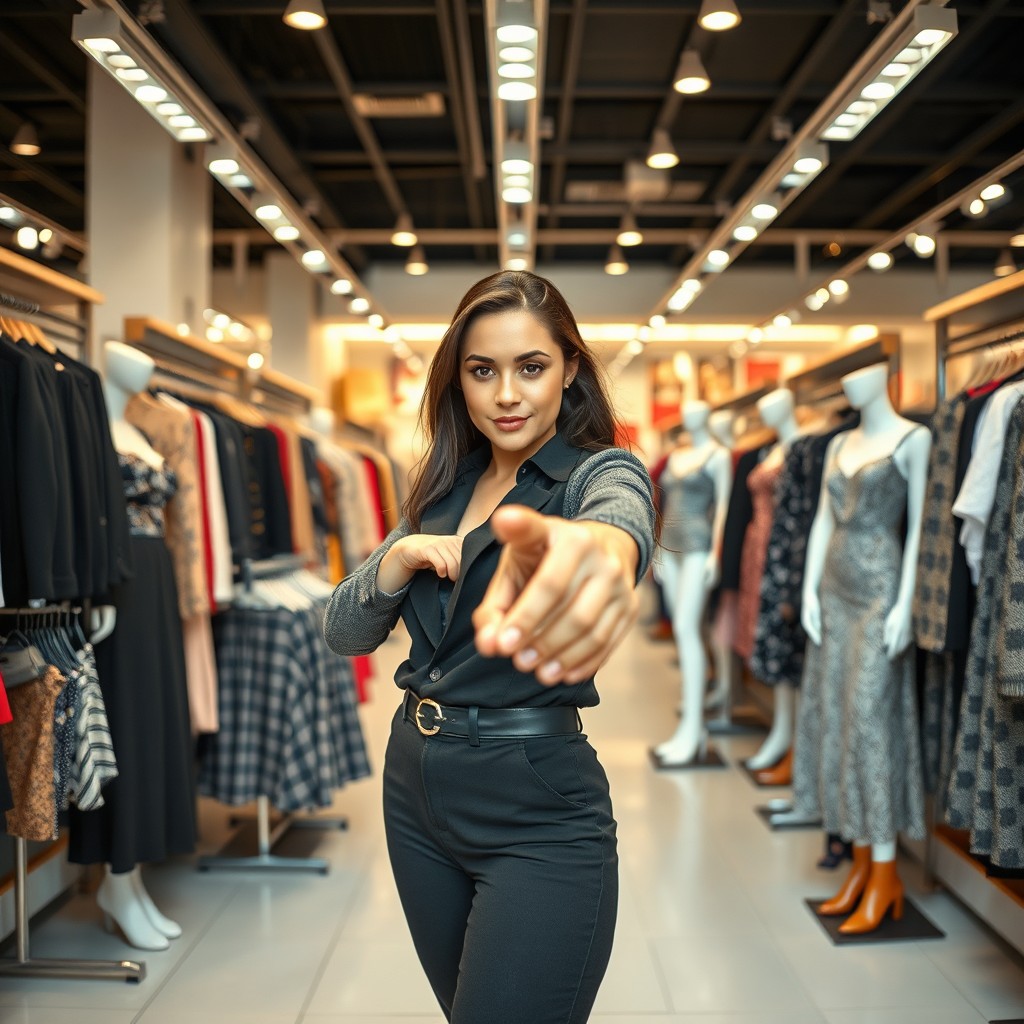 A clothing store interior filled with clothing racks and mannequins in the background