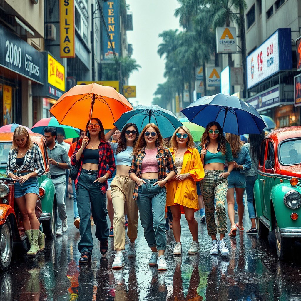 A vibrant mashup of 90s and 2000s fashion and culture during a monsoon