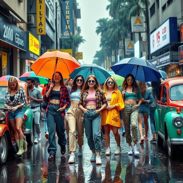 A vibrant mashup of 90s and 2000s fashion and culture during a monsoon