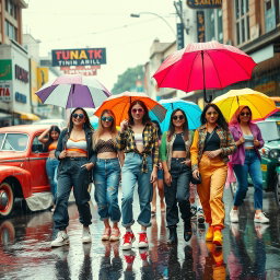 A vibrant mashup of 90s and 2000s fashion and culture during a monsoon