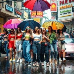A vibrant mashup of 90s and 2000s fashion and culture during a monsoon