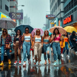 A vibrant mashup of 90s and 2000s fashion and culture during a monsoon