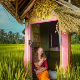 A beautiful French teenager girl, dressed in traditional Indonesian farmer's clothing, posing in a bright and beautiful hut in the Indonesian rice fields.