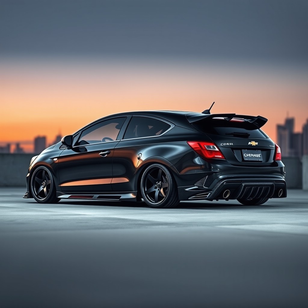 An elegant and sporty modified Chevrolet Corsa Wind, sleek design with dynamic lines, jet black color finish, showcasing unique enhancements like a custom body kit, stylish alloy wheels, and a lowered stance