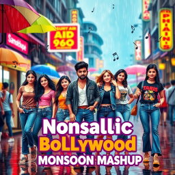 A vibrant and dynamic thumbnail design that captures the essence of a 90s and 2000s Bollywood songs mashup during a monsoon