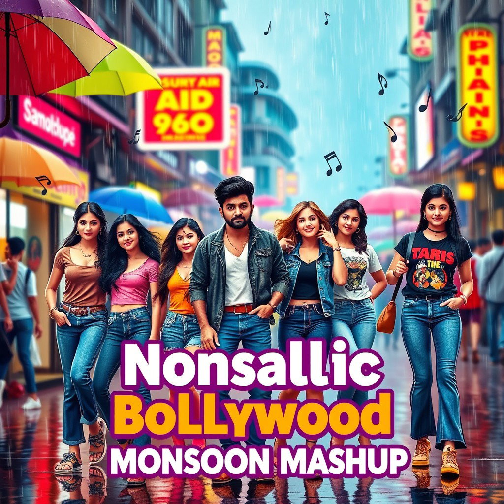 A vibrant and dynamic thumbnail design that captures the essence of a 90s and 2000s Bollywood songs mashup during a monsoon