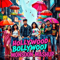 A vibrant and dynamic thumbnail design that captures the essence of a 90s and 2000s Bollywood songs mashup during a monsoon