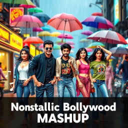 A vibrant and dynamic thumbnail design that captures the essence of a 90s and 2000s Bollywood songs mashup during a monsoon