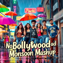 A vibrant and dynamic thumbnail design that captures the essence of a 90s and 2000s Bollywood songs mashup during a monsoon