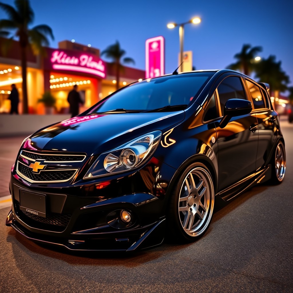 A modified black Chevrolet Corsa Wind that exudes elegance and sportiness, featuring a sleek and stylish body with enhancements such as custom aerodynamic parts, polished alloy wheels, and a lowered suspension