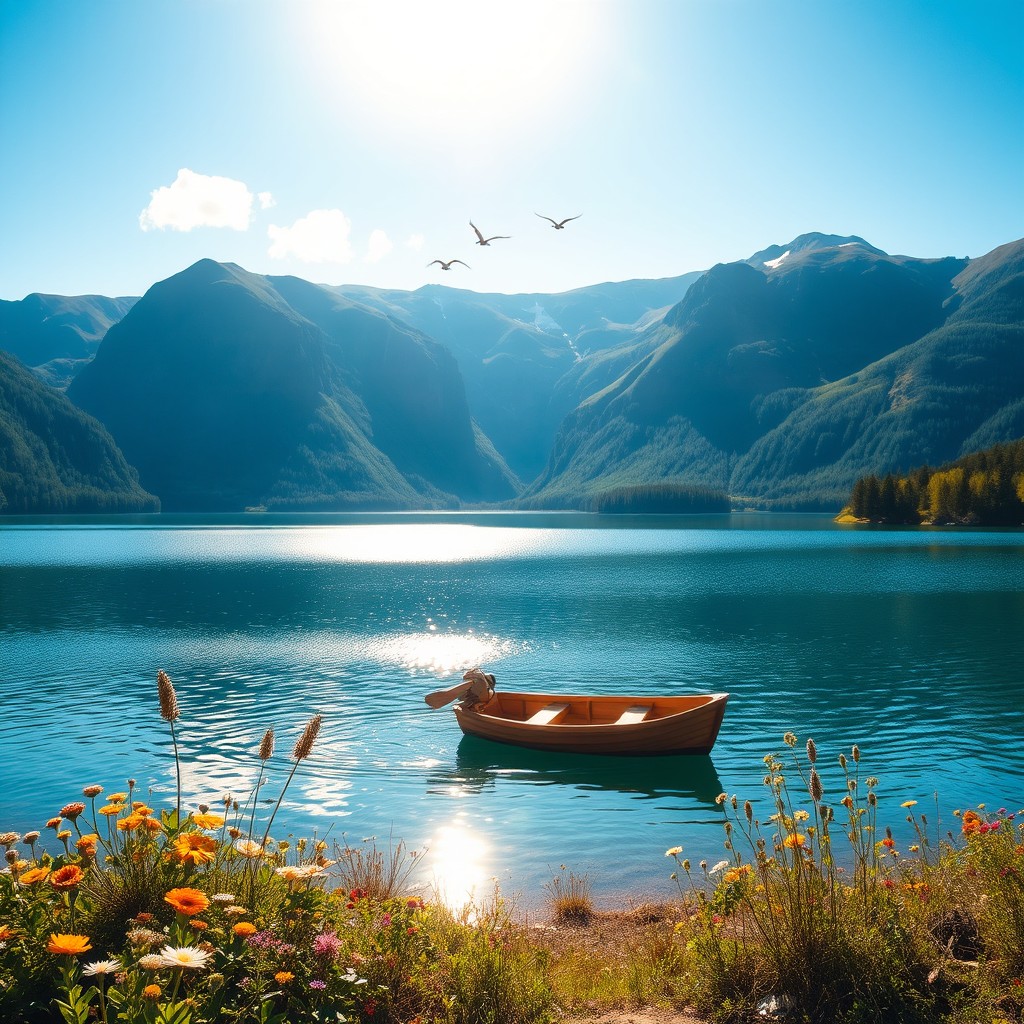 A charming landscape featuring a serene blue lake surrounded by lush green mountains under a clear blue sky