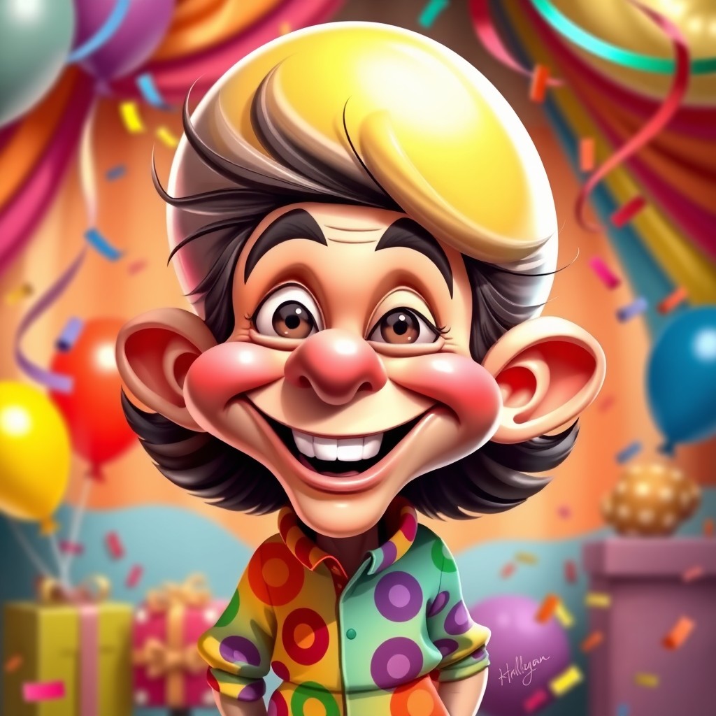 A vibrant caricature featuring a cheerful character with oversized features, such as a large head and exaggerated facial expressions