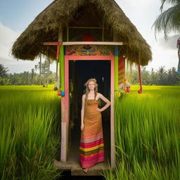 A beautiful French teenager girl, dressed in traditional Indonesian farmer's clothing, posing in a bright and beautiful hut in the Indonesian rice fields.