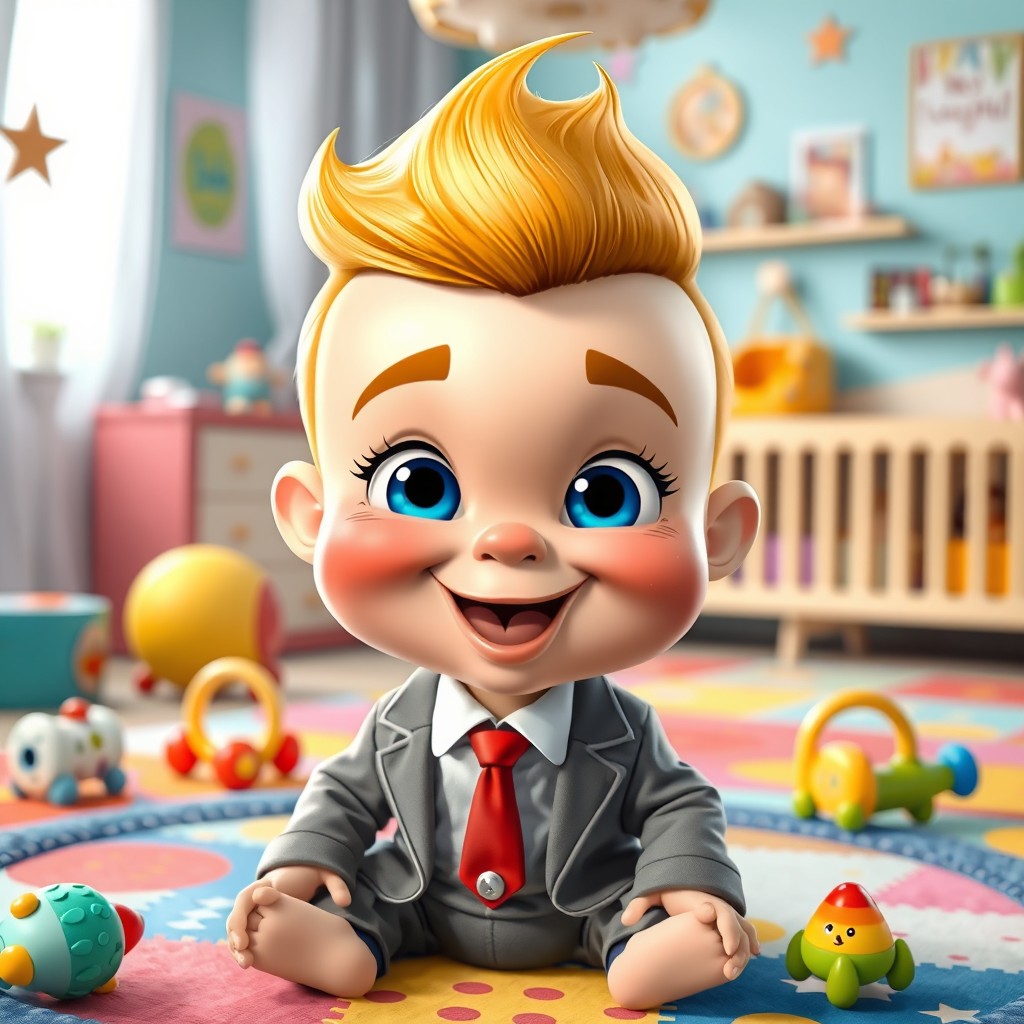 A whimsical cartoonish baby with exaggerated features reminiscent of a well-known political figure, characterized by a golden tuft of hair, pouting lips, and bright blue eyes