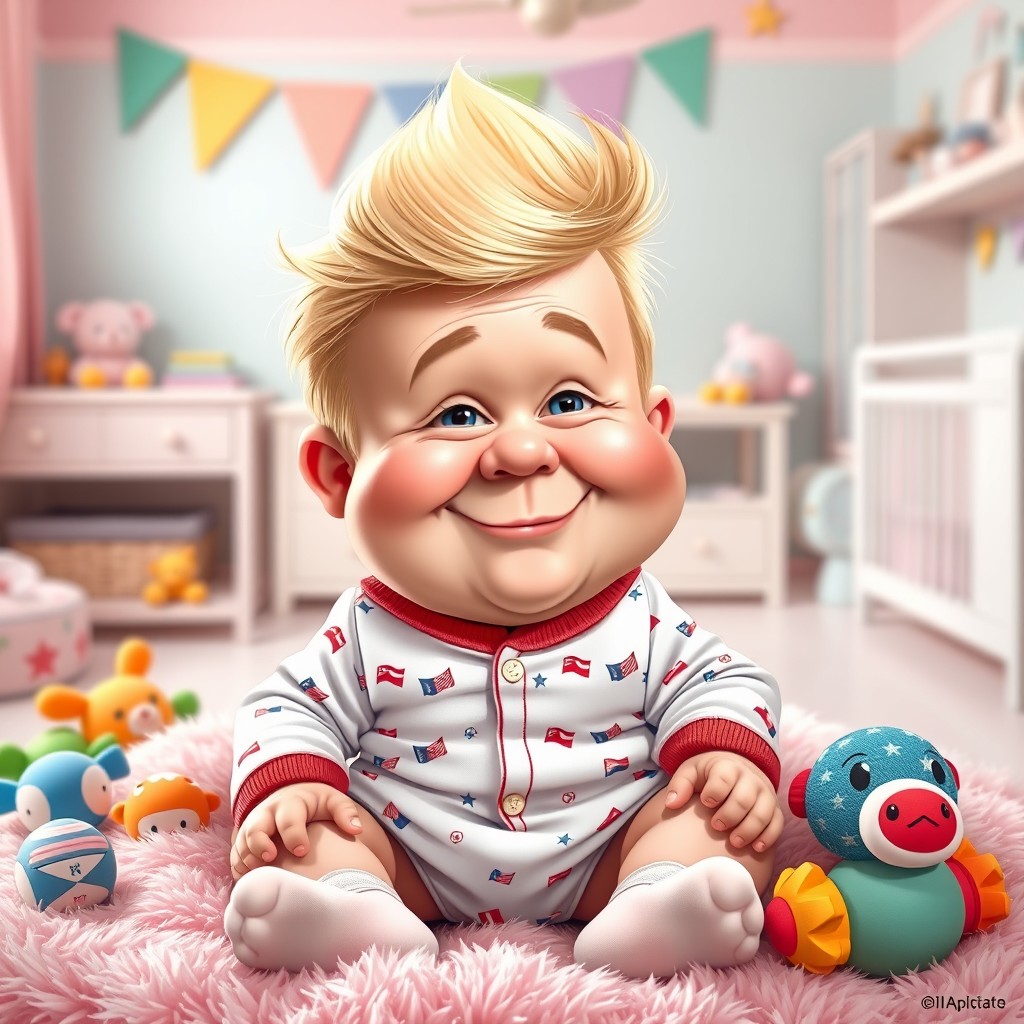 A caricatured depiction of a baby resembling a famous political figure, featuring distinct characteristics like a fluffy tuft of blonde hair, chubby cheeks, and a big smile