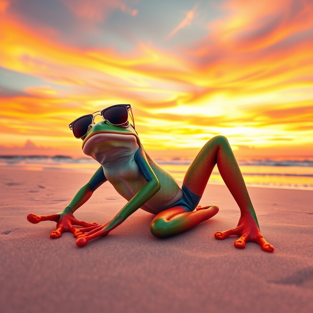 Charming Frog on Sunset Beach - A Surreal AI Art Experience