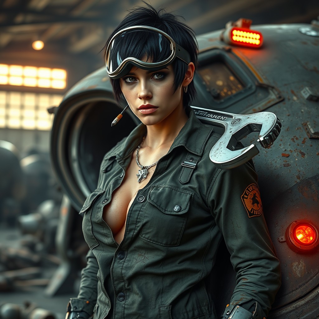 A rough-looking woman in a greasy and revealing engineer’s jumpsuit leans against the hull of a battered spaceship