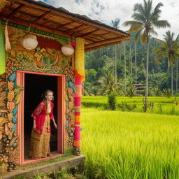 A beautiful French teenager girl, dressed in traditional Indonesian farmer's clothing, posing in a bright and beautiful hut in the Indonesian rice fields.