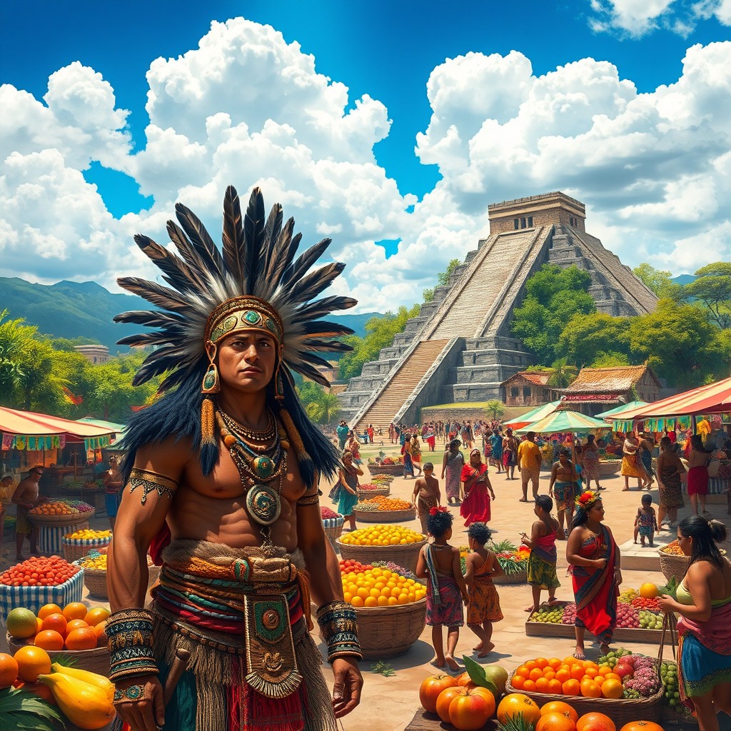 A vibrant Aztec scene depicting a bustling marketplace filled with colorful textiles, fruits, and handcrafted goods