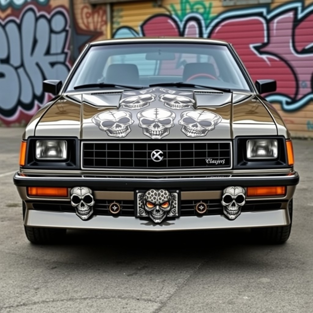 A modern front design for a Chevette, featuring an array of creatively stylized skulls integrated into the grill and headlights
