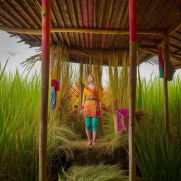 A beautiful French teenager girl, dressed in traditional Indonesian farmer's clothing, posing in a bright and beautiful hut in the Indonesian rice fields.