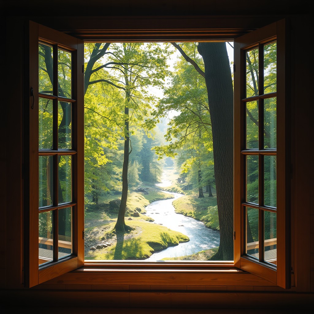 A cozy interior scene with two wooden windows wide open, showcasing a beautiful view of a lush forest