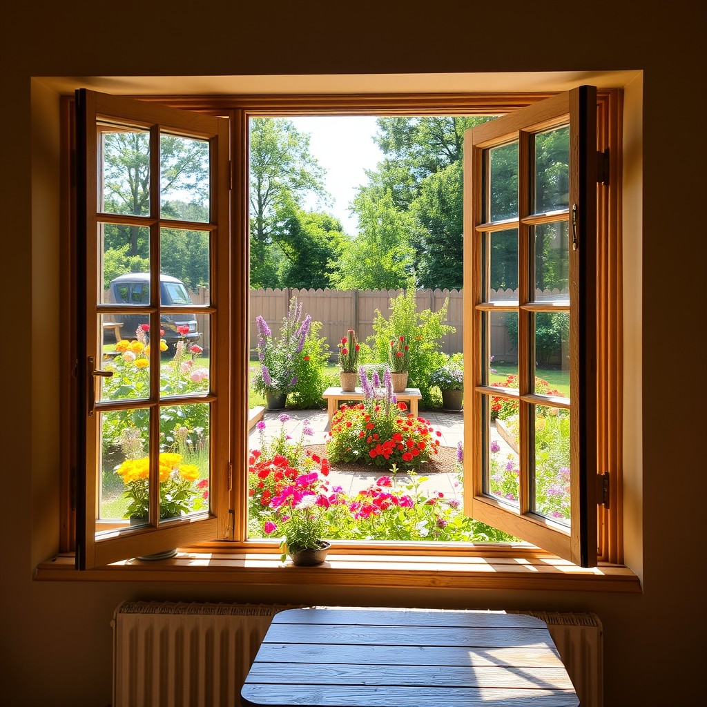 An inviting interior scene featuring two open windows, providing a picturesque view of a charming small garden