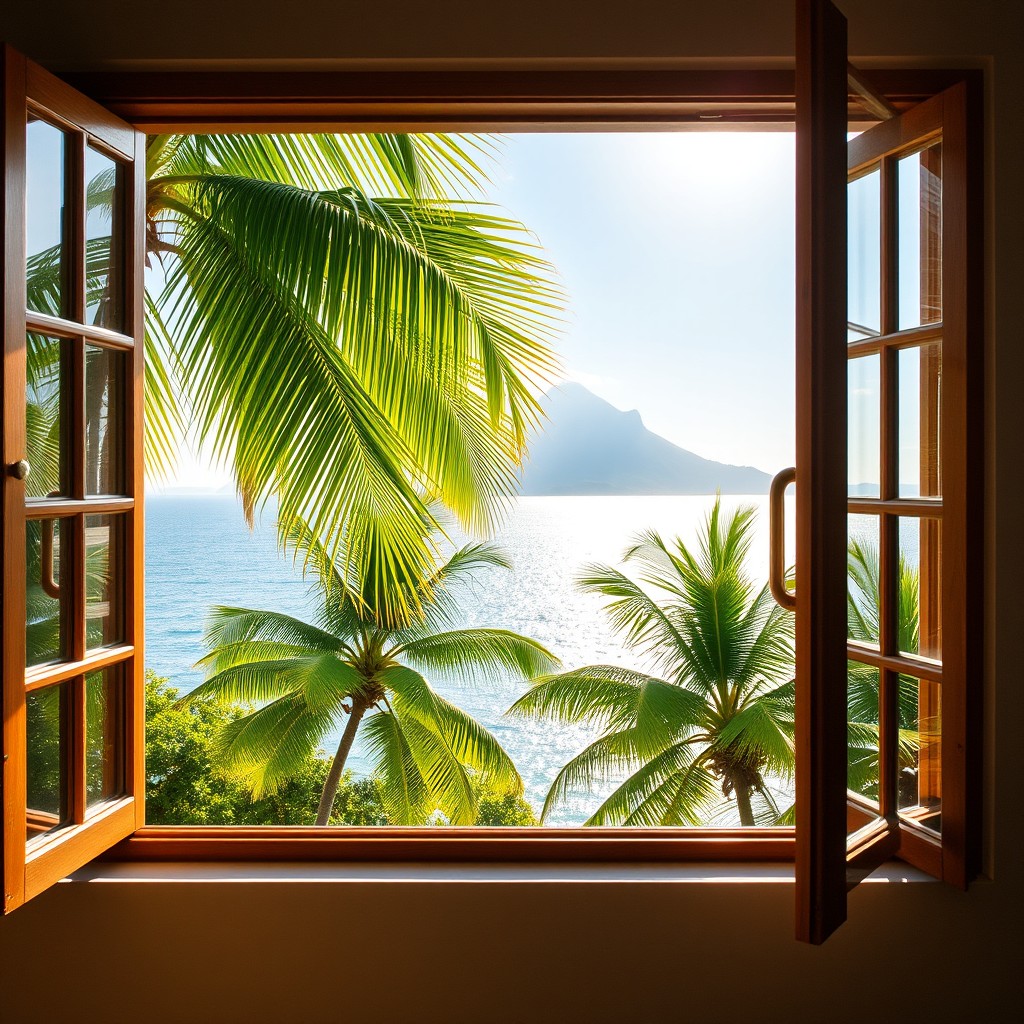 Two open windows framing a view of a distant majestic mountain, sparkling sea, and lush green palm trees gently swaying in the breeze