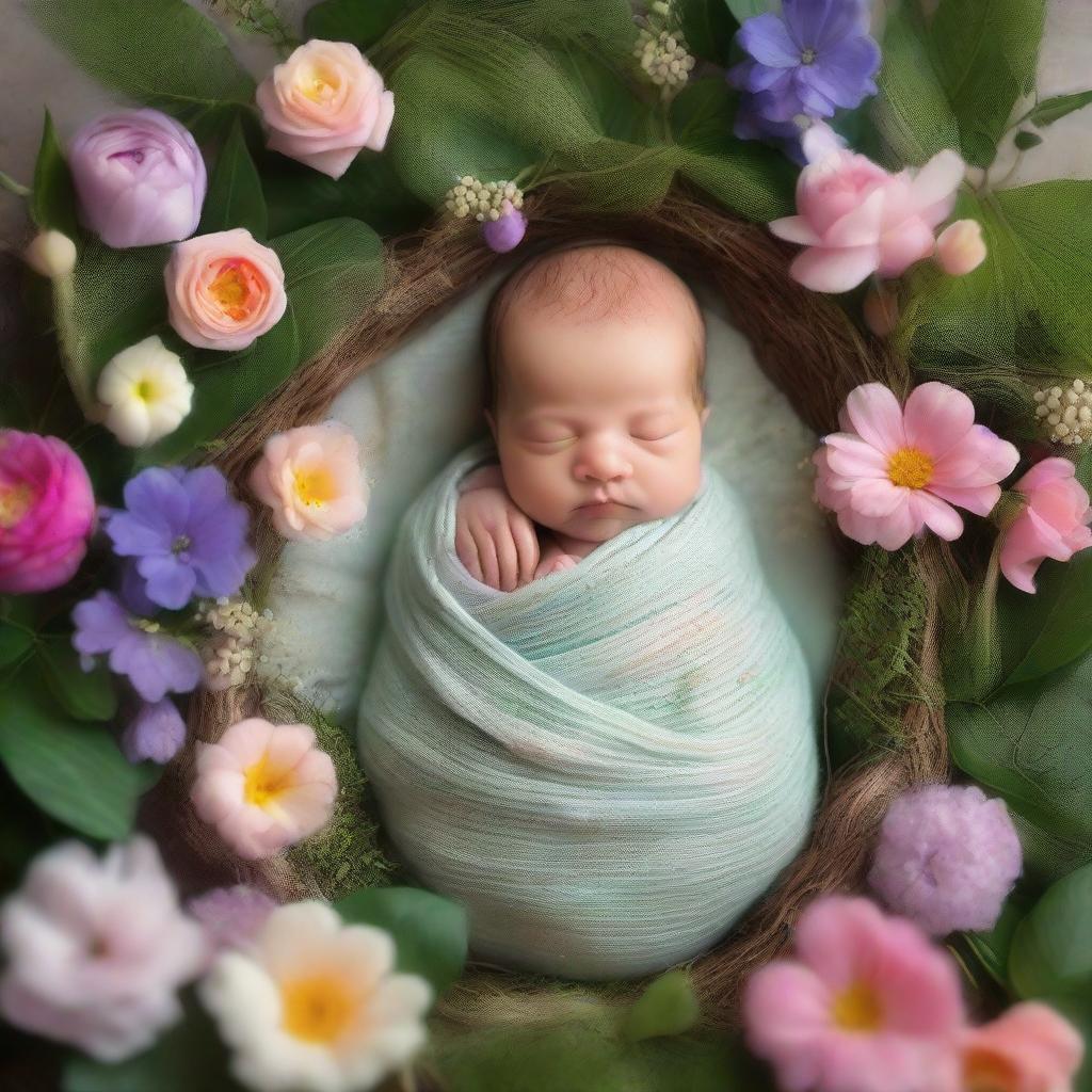 A newborn baby boy in a swaddling cloth, arriving magically in a lush garden world with whimsical plants, colorful flowers, and sparkling fairy dust.