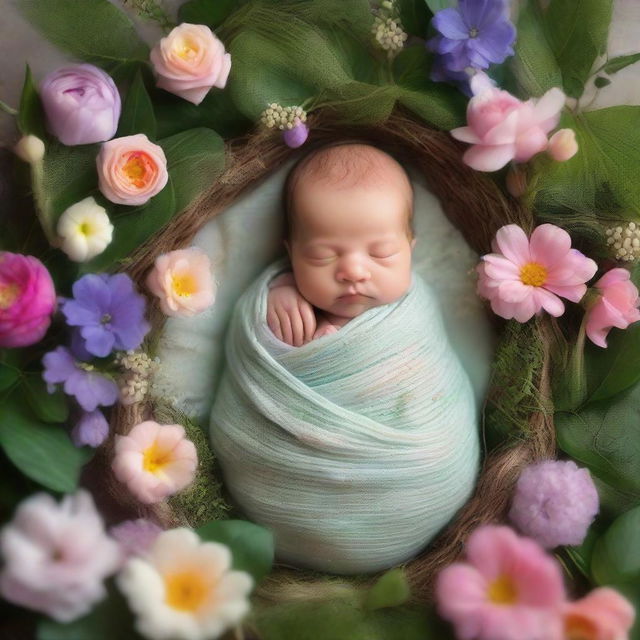 A newborn baby boy in a swaddling cloth, arriving magically in a lush garden world with whimsical plants, colorful flowers, and sparkling fairy dust.