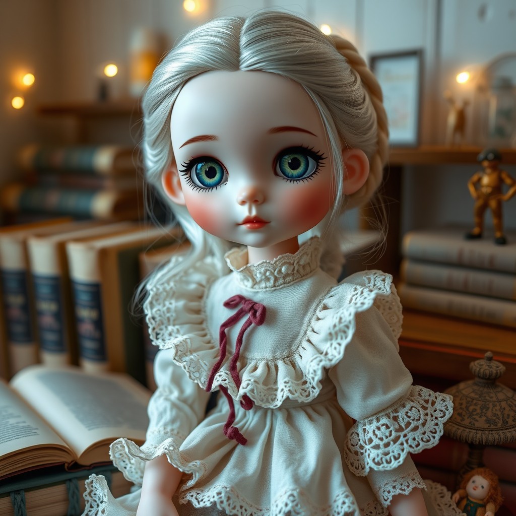 A beautifully designed question-me doll that features a vintage aesthetic, with intricate lace clothing, glossy porcelain skin, and expressive glass eyes
