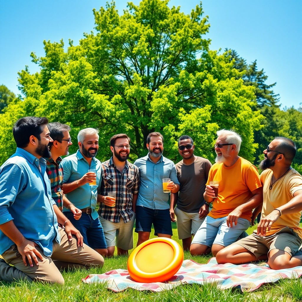 A group of diverse men of various ethnicities and ages laughing and enjoying a sunny day at a park