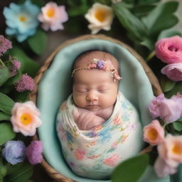 A newborn baby boy in a swaddling cloth, arriving magically in a lush garden world with whimsical plants, colorful flowers, and sparkling fairy dust.