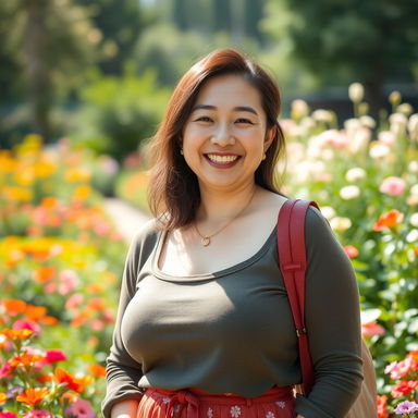 A charming and endearing portrait of a cute, busty Asian mother, smiling warmly as she enjoys a sunny day in a beautiful garden