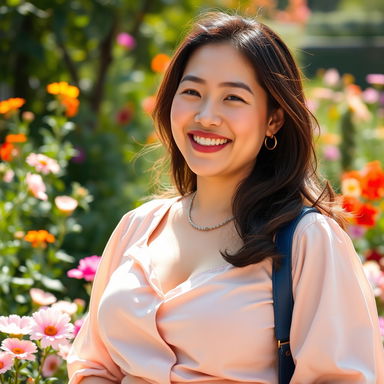 A charming and endearing portrait of a cute, busty Asian mother, smiling warmly as she enjoys a sunny day in a beautiful garden