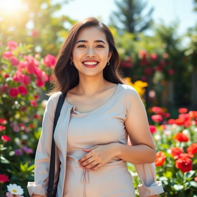 A charming and endearing portrait of a cute, busty Asian mother, smiling warmly as she enjoys a sunny day in a beautiful garden