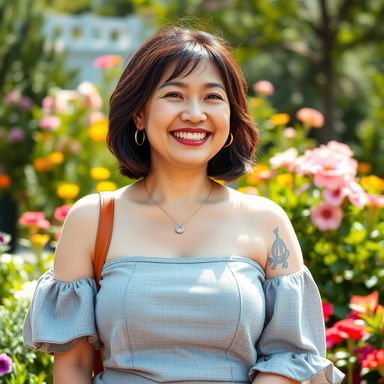 A charming and endearing portrait of a cute, busty Asian mother, smiling warmly as she enjoys a sunny day in a beautiful garden